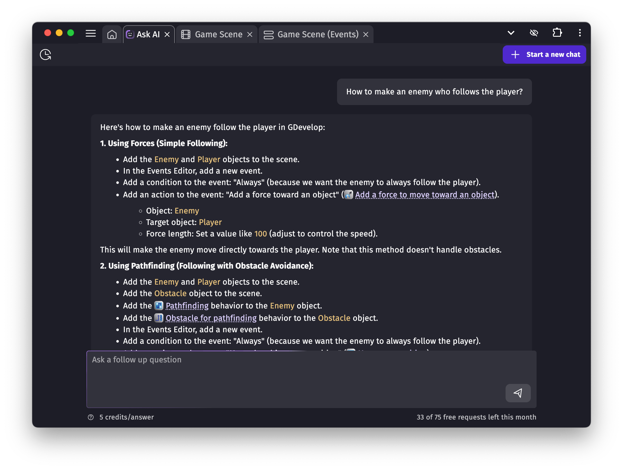 A conversation with the AI chat